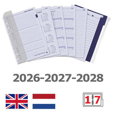 6307-26-27-28 210 x 144 mm A5 Agenda Planner Inserts Weekly EN NL 2026 2027 2028